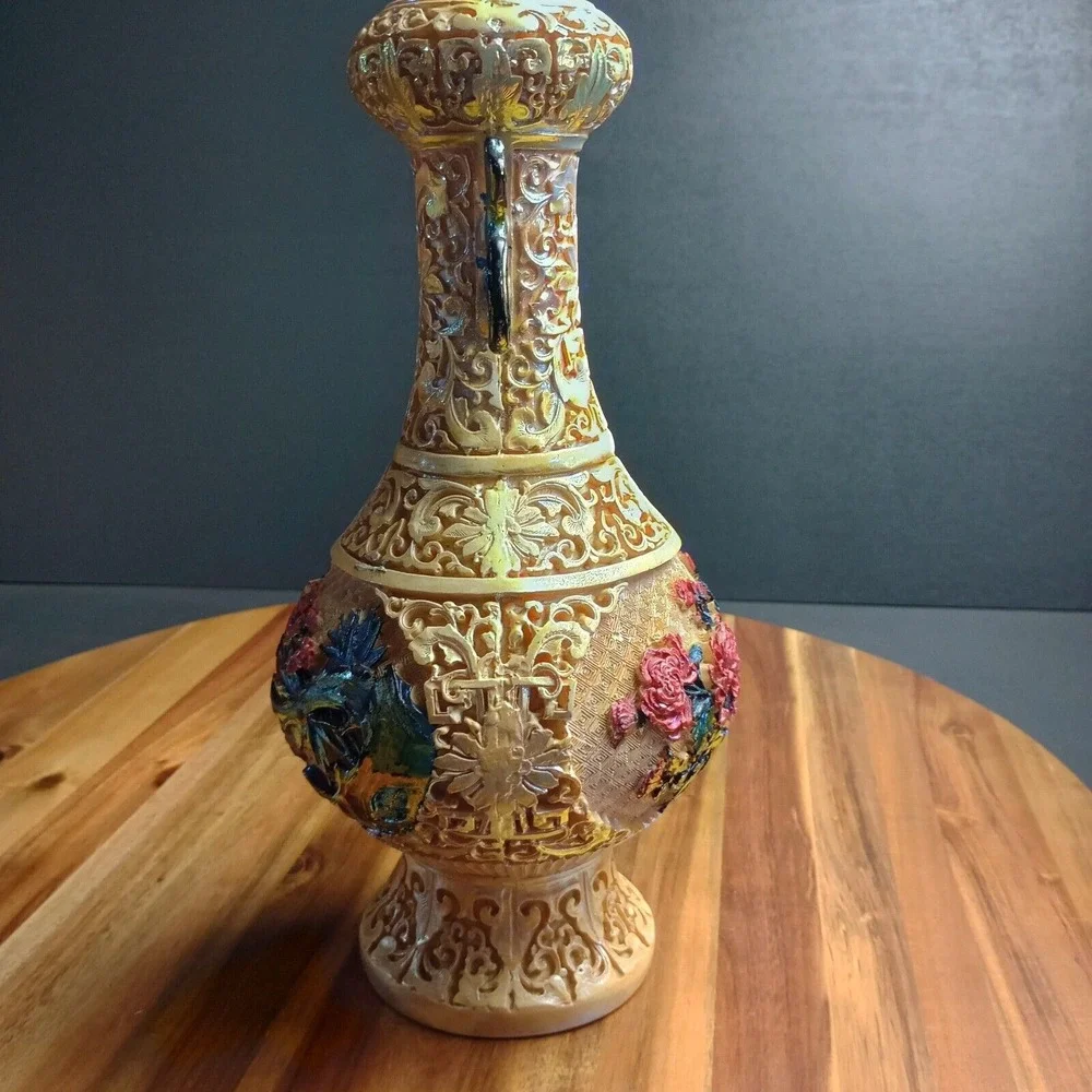 Vintage Antique Carved Resin Vase Asian Japanese Chinese Satsuma Style 12